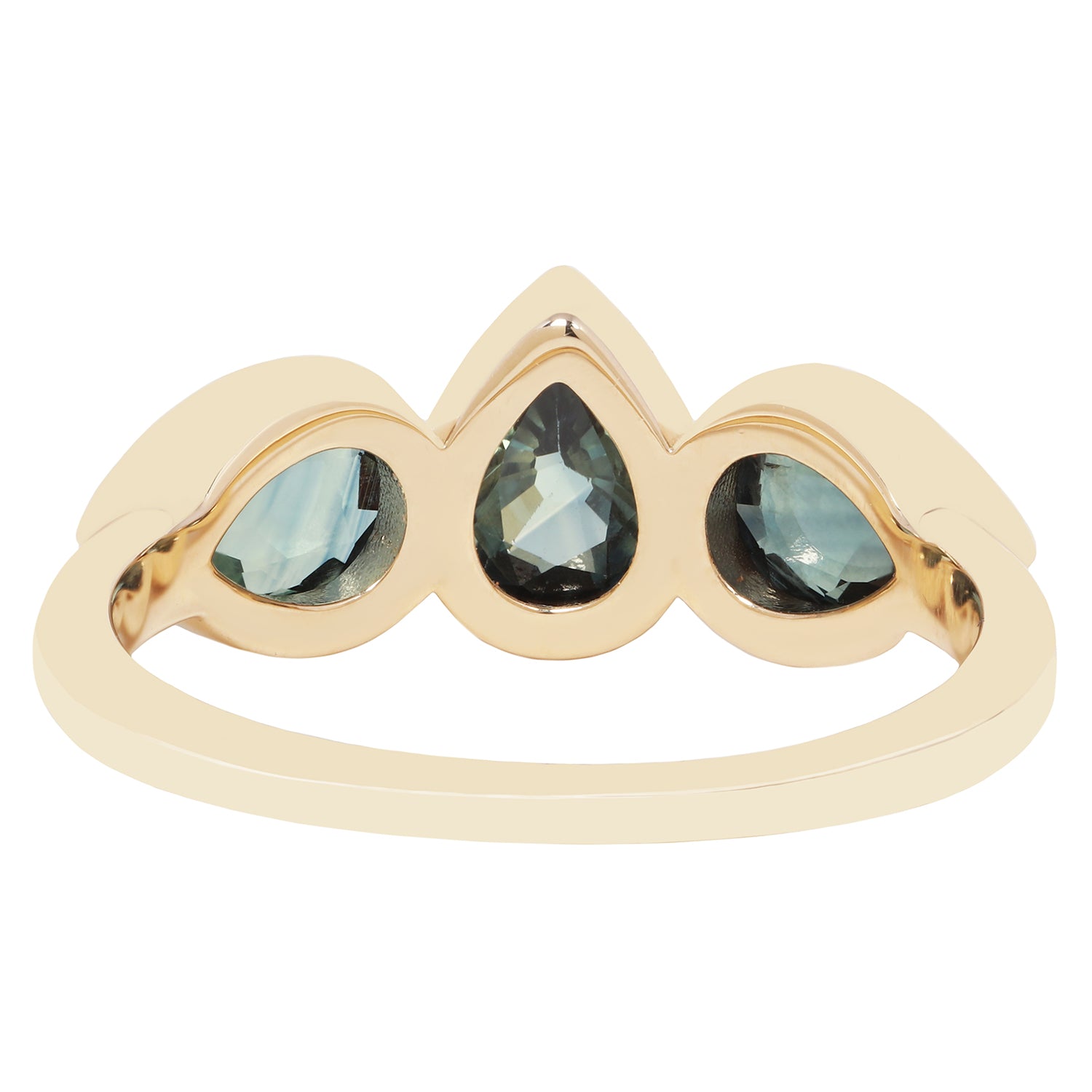 A gold ring featuring three marquise-cut dark blue-green gemstones set in a curved, shield-like design on a plain white background.