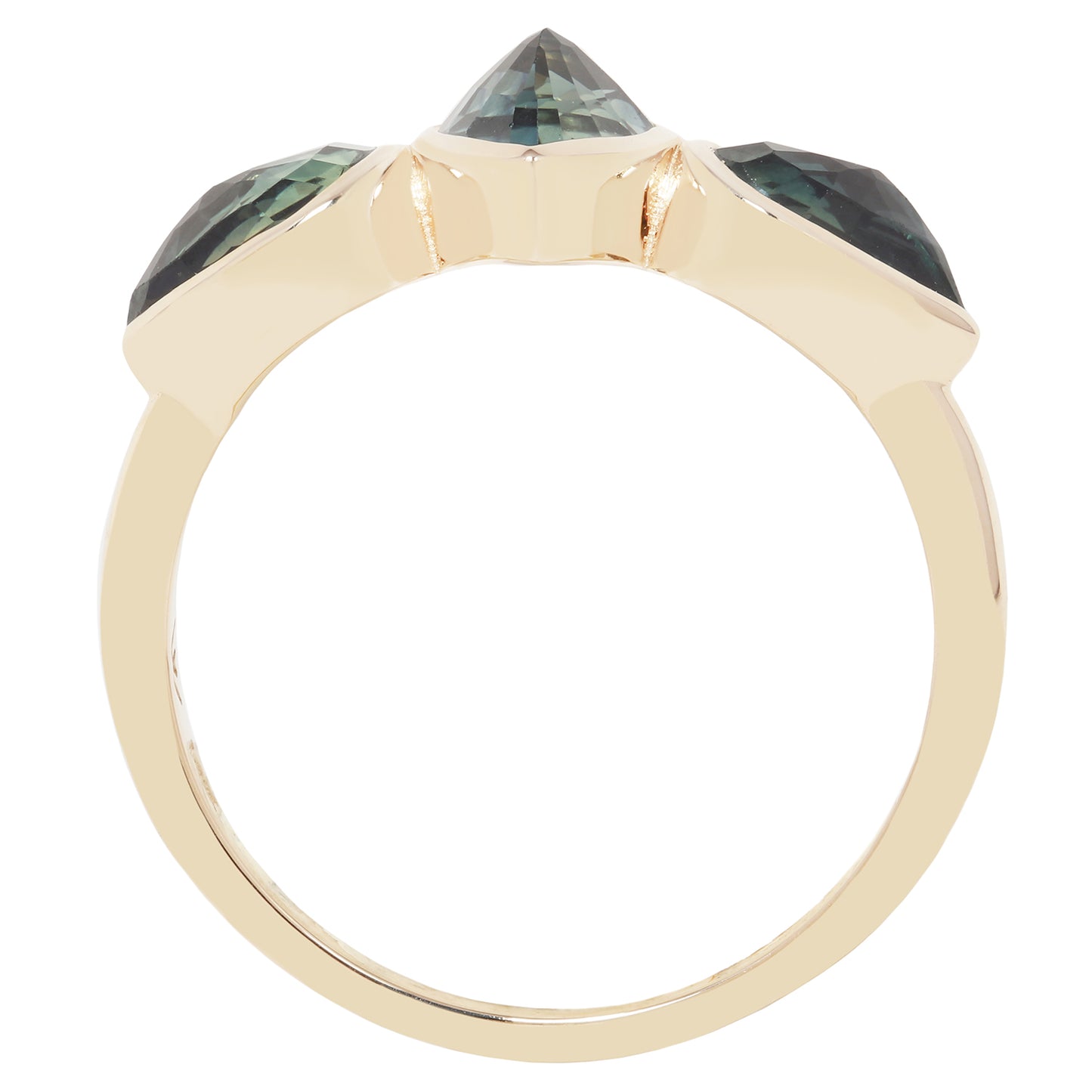 A gold ring with a three-stone crown setting featuring a central pointed green gemstone and two smaller green stones on either side, shown against a plain white background.