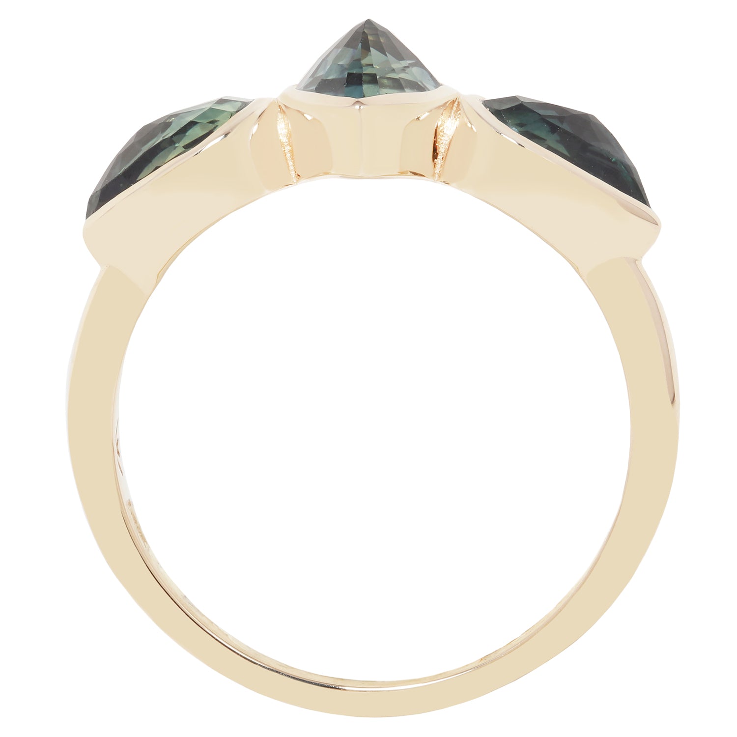 A gold ring with a three-stone crown setting featuring a central pointed green gemstone and two smaller green stones on either side, shown against a plain white background.