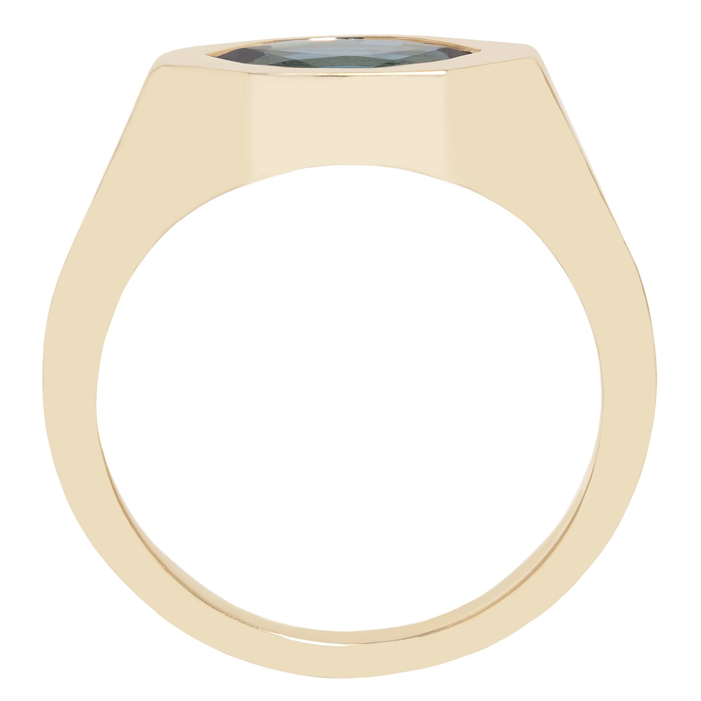 A gold ring with a wide, polished band and a small oval dark gray gemstone set in a square bezel, shown against a plain white background.