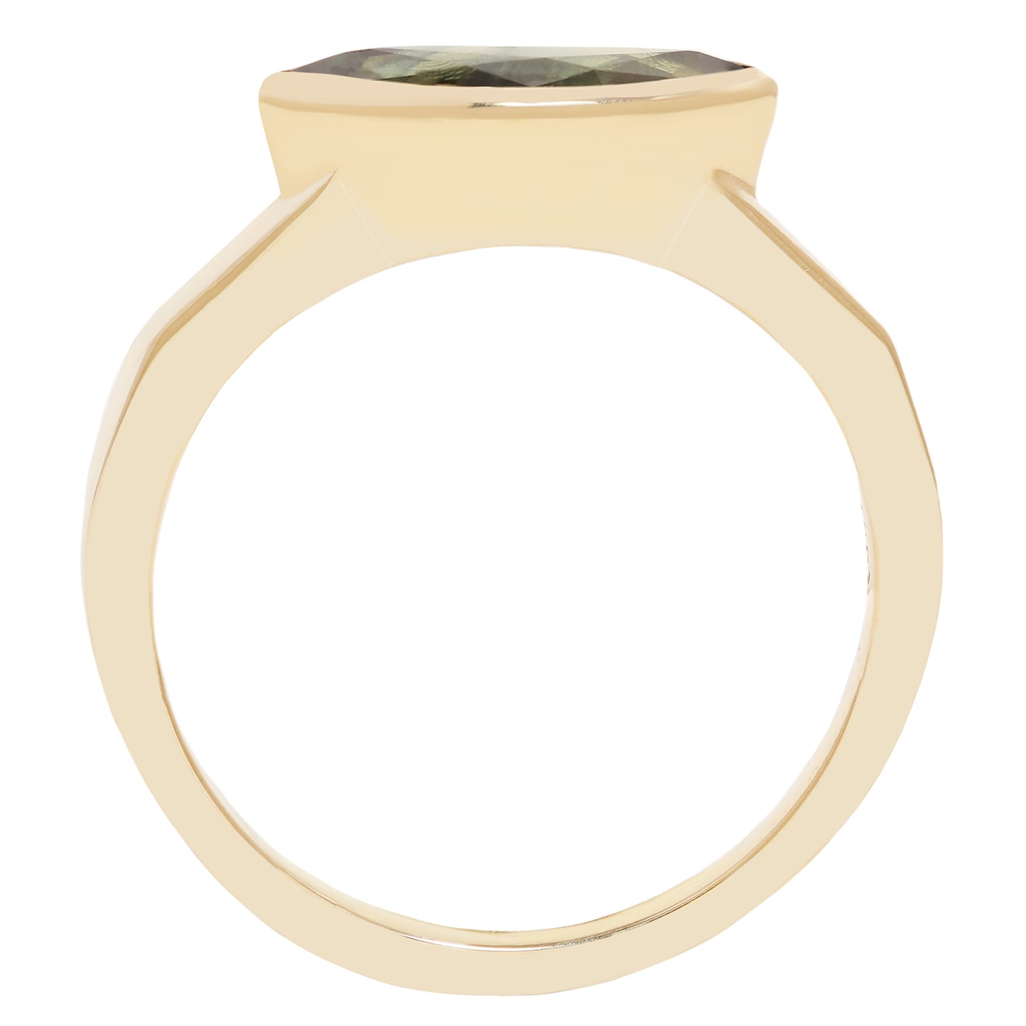 A yellow gold ring with a square-cut green gemstone in a prong setting, shown against a plain white background.