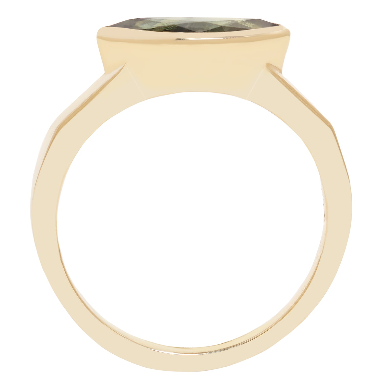 A yellow gold ring with a square-cut green gemstone in a prong setting, shown against a plain white background.