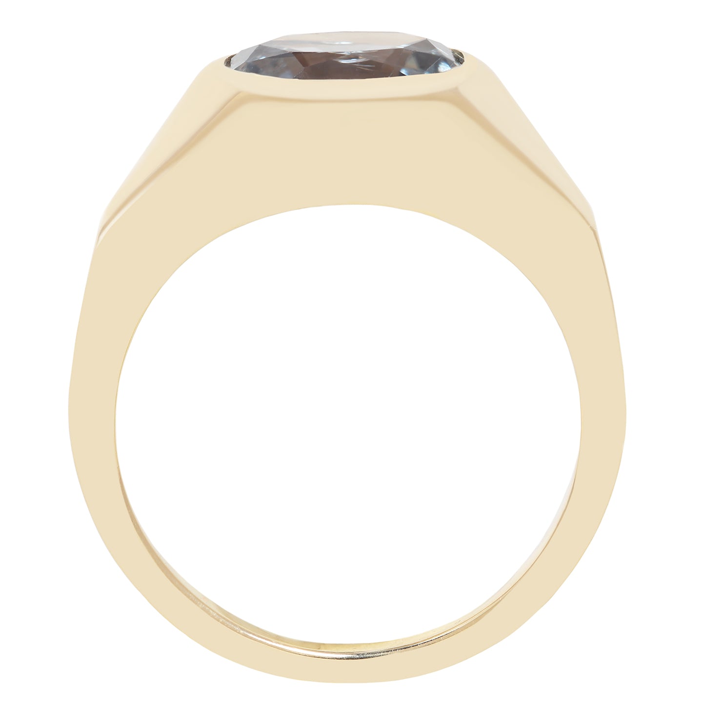 A yellow gold signet ring with a large, faceted gray gemstone, shown from a top-down perspective on a plain white background.