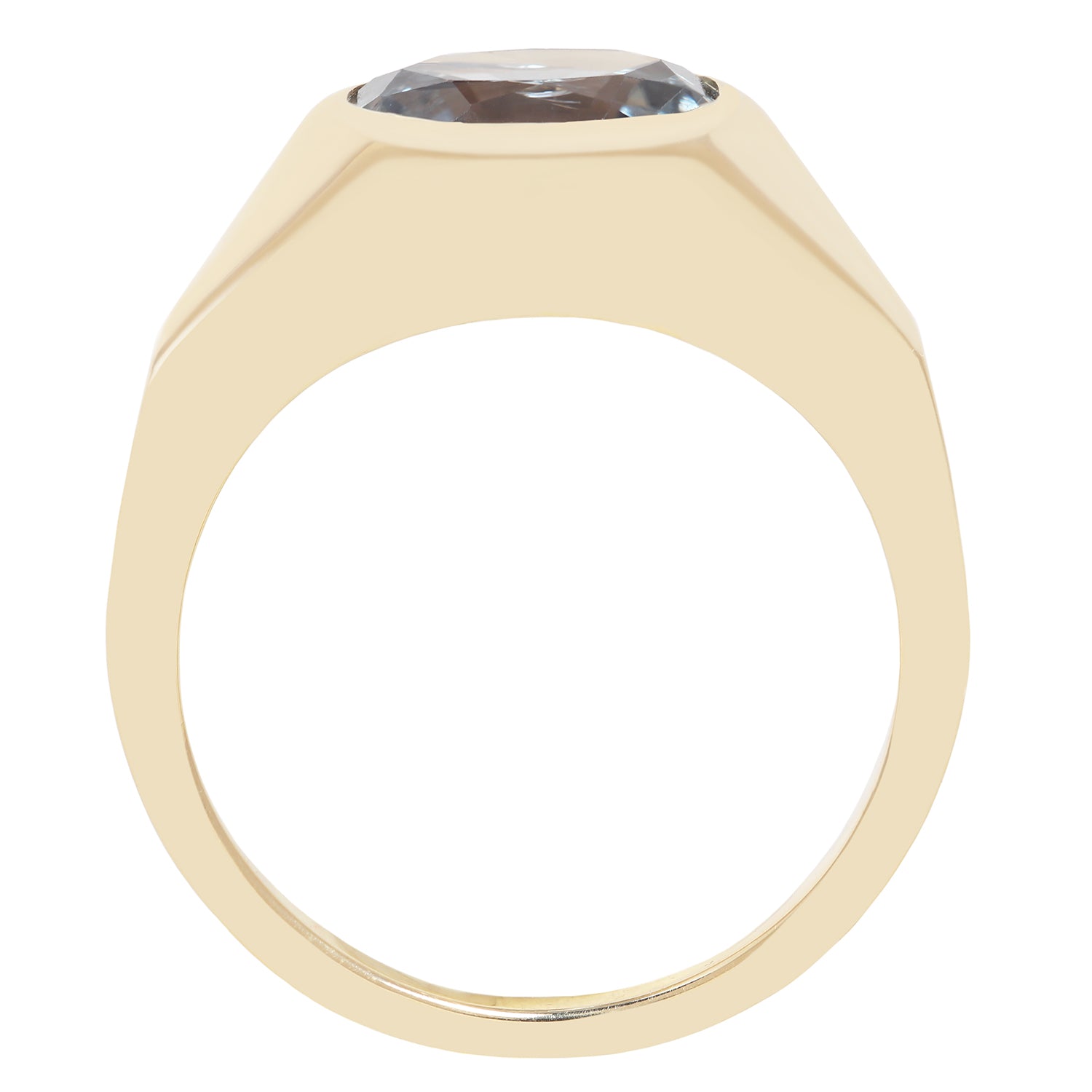 A yellow gold signet ring with a large, faceted gray gemstone, shown from a top-down perspective on a plain white background.