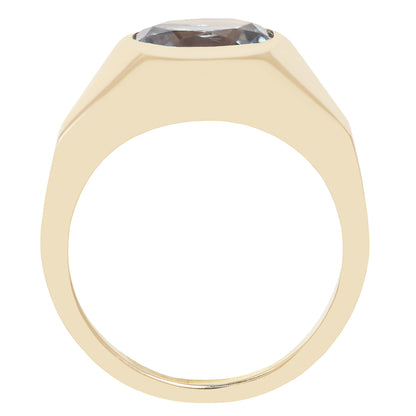 A yellow gold signet ring with a large, faceted gray gemstone, shown from a top-down perspective on a plain white background.