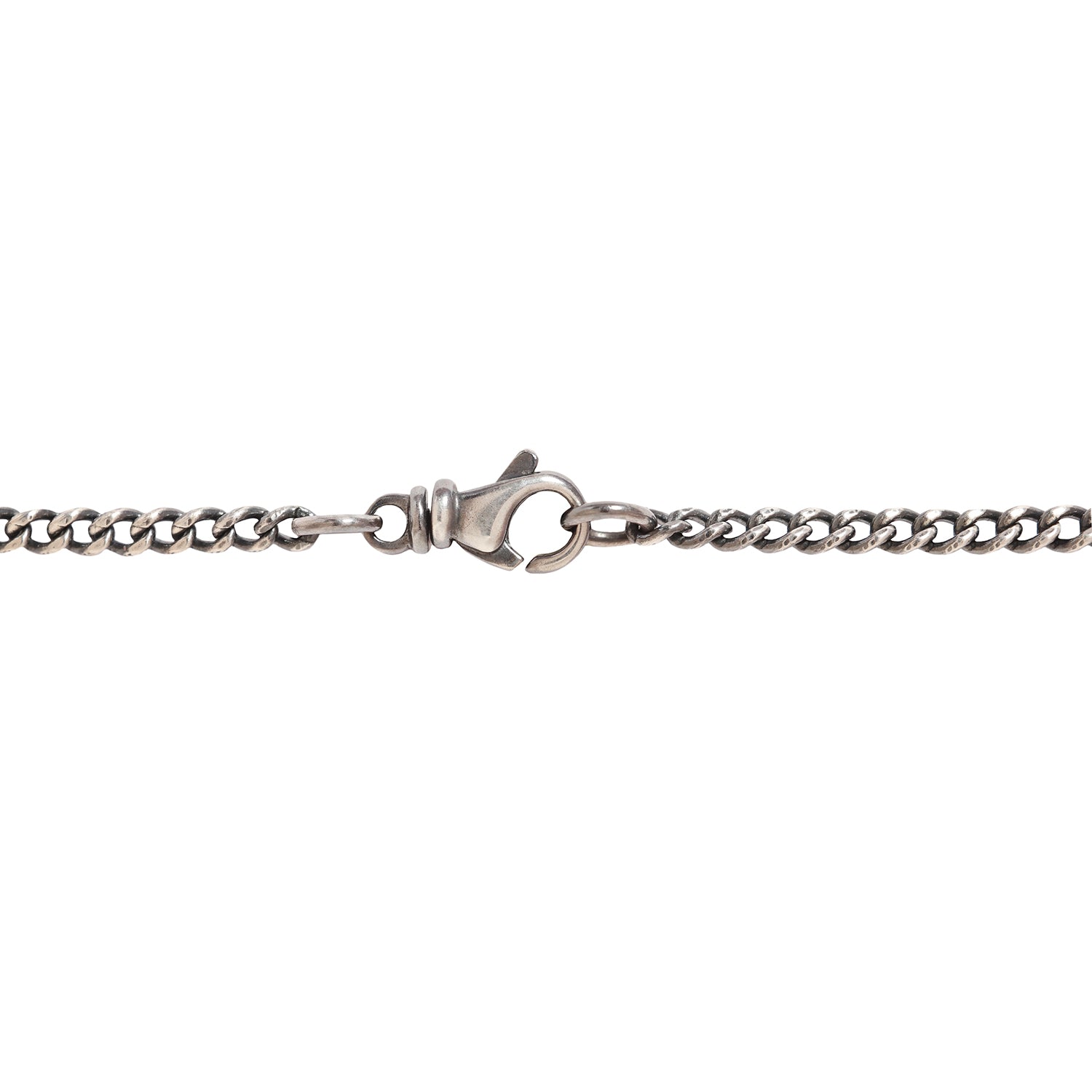 Oxidized silver lobster clasp and chain on a white background