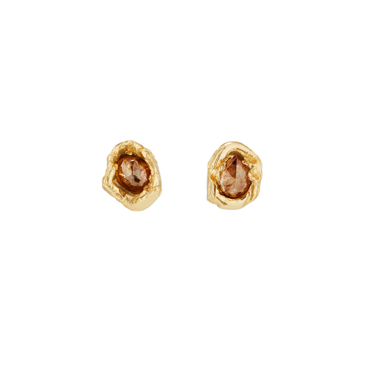 Ellis Mhairi Cameron - Gold earrings with brown gemstones on a white background