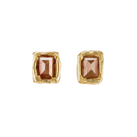 Ellis Mhairi Cameron - Gold earrings with brown gemstones on a white background