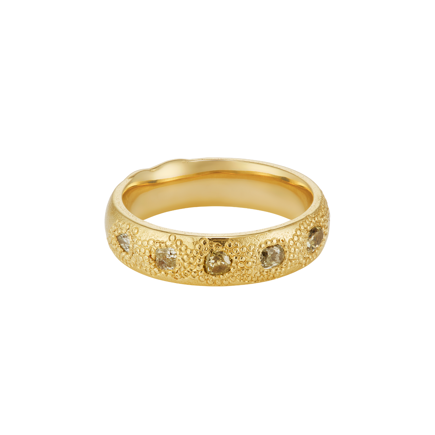 A textured yellow gold band ring featuring a row of small, round-cut green-colored diamonds set along the front, shown against a plain white background.