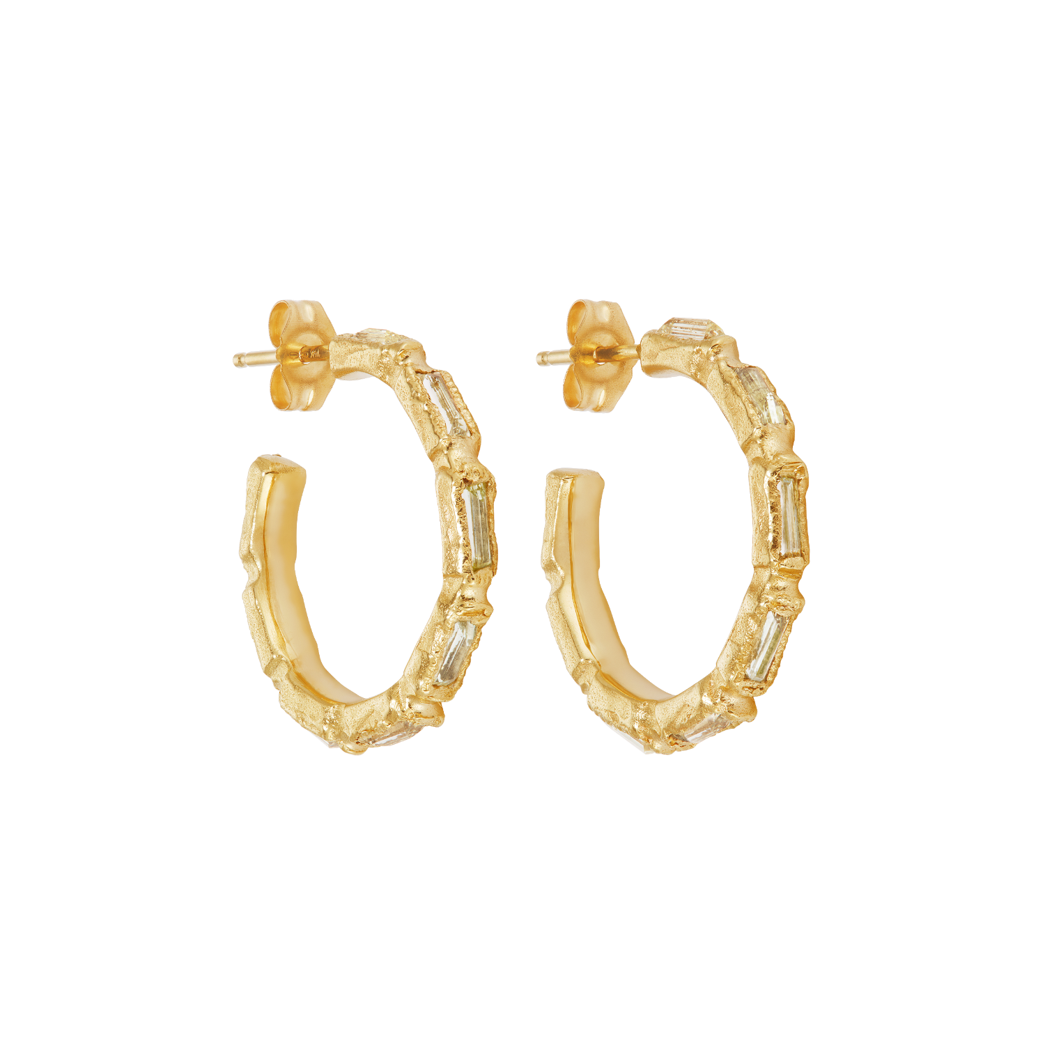 A pair of gold hoop earrings with a textured, segmented design and clear baguette-cut stones, shown on a plain white background.