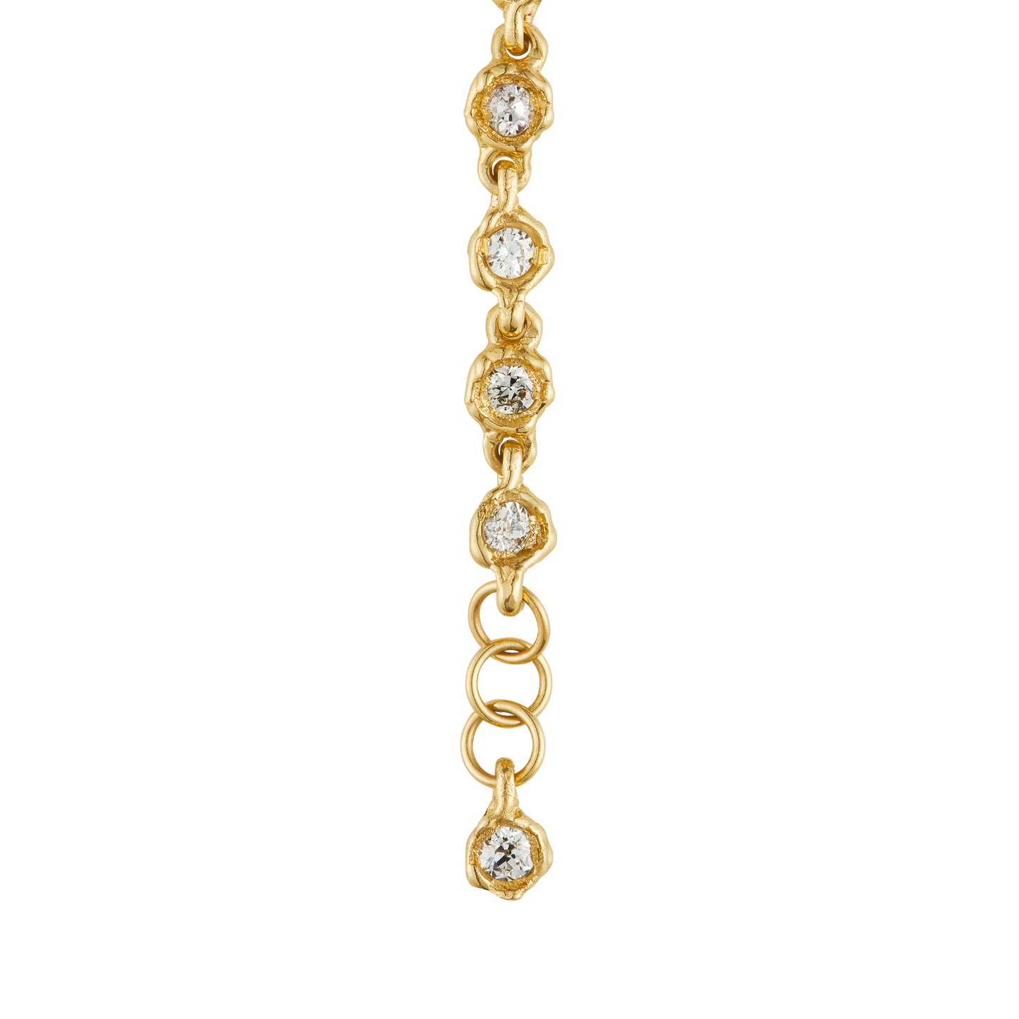A gold chain bracelet featuring a vertical line of small, round bezel-set clear gemstones on a plain white background.