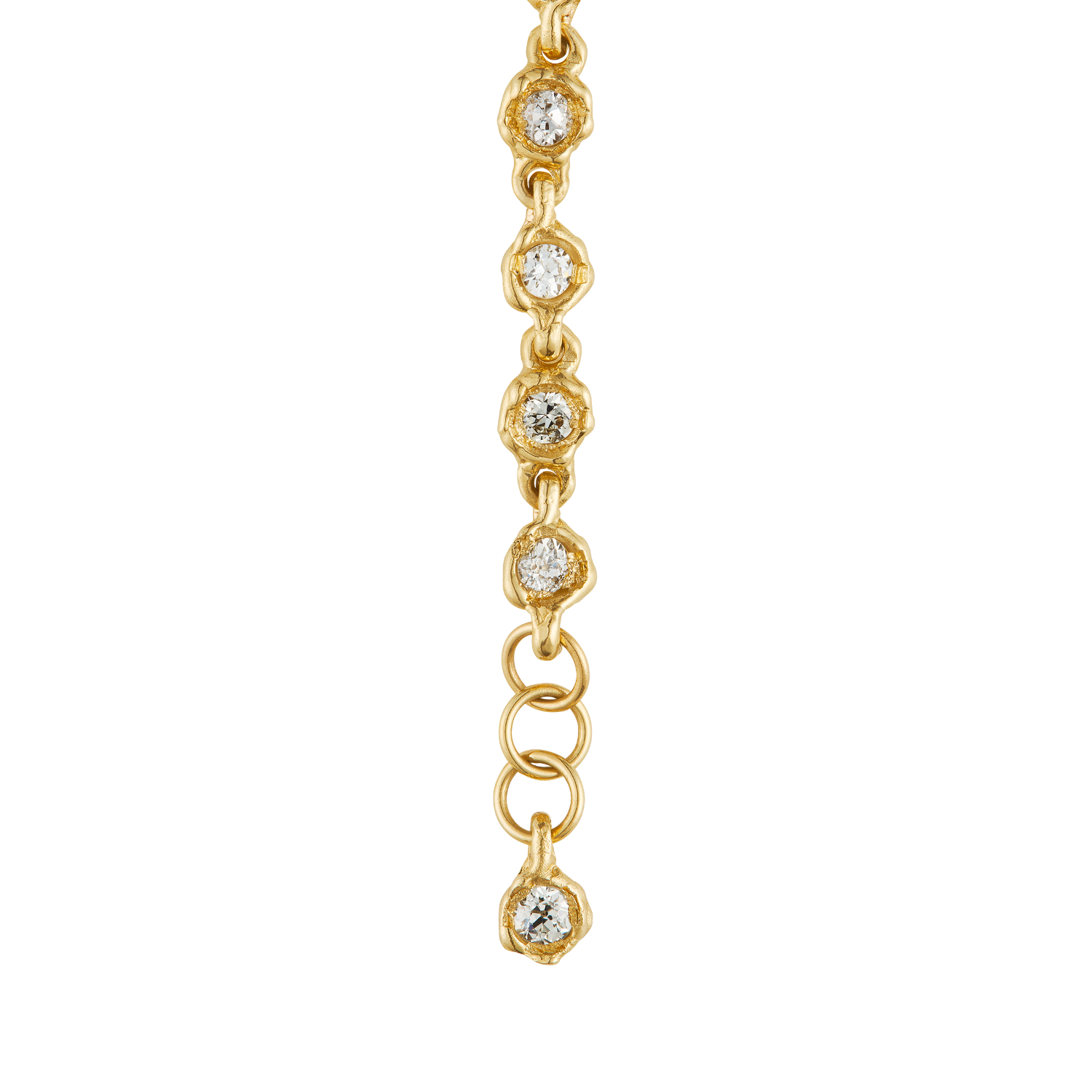 A gold chain bracelet featuring a vertical line of small, round bezel-set clear gemstones on a plain white background.