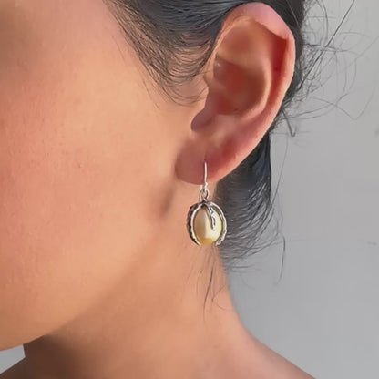 Golden Pearl Silver Stingray Drop Earrings