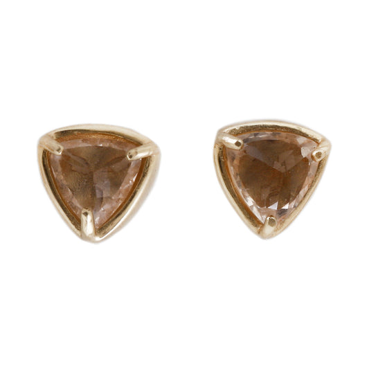 14k yellow gold stud earrings with trillion cut morganite - Lauren Wolf Jewelry