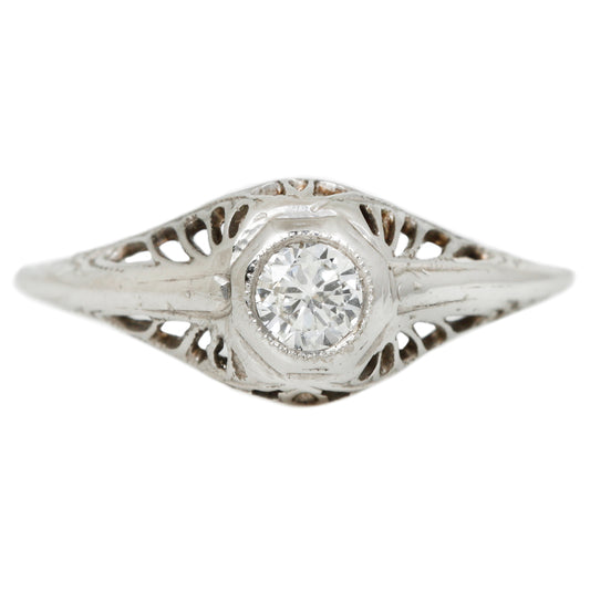 Vintage Deco Filigree Diamond Solitaire in White Gold