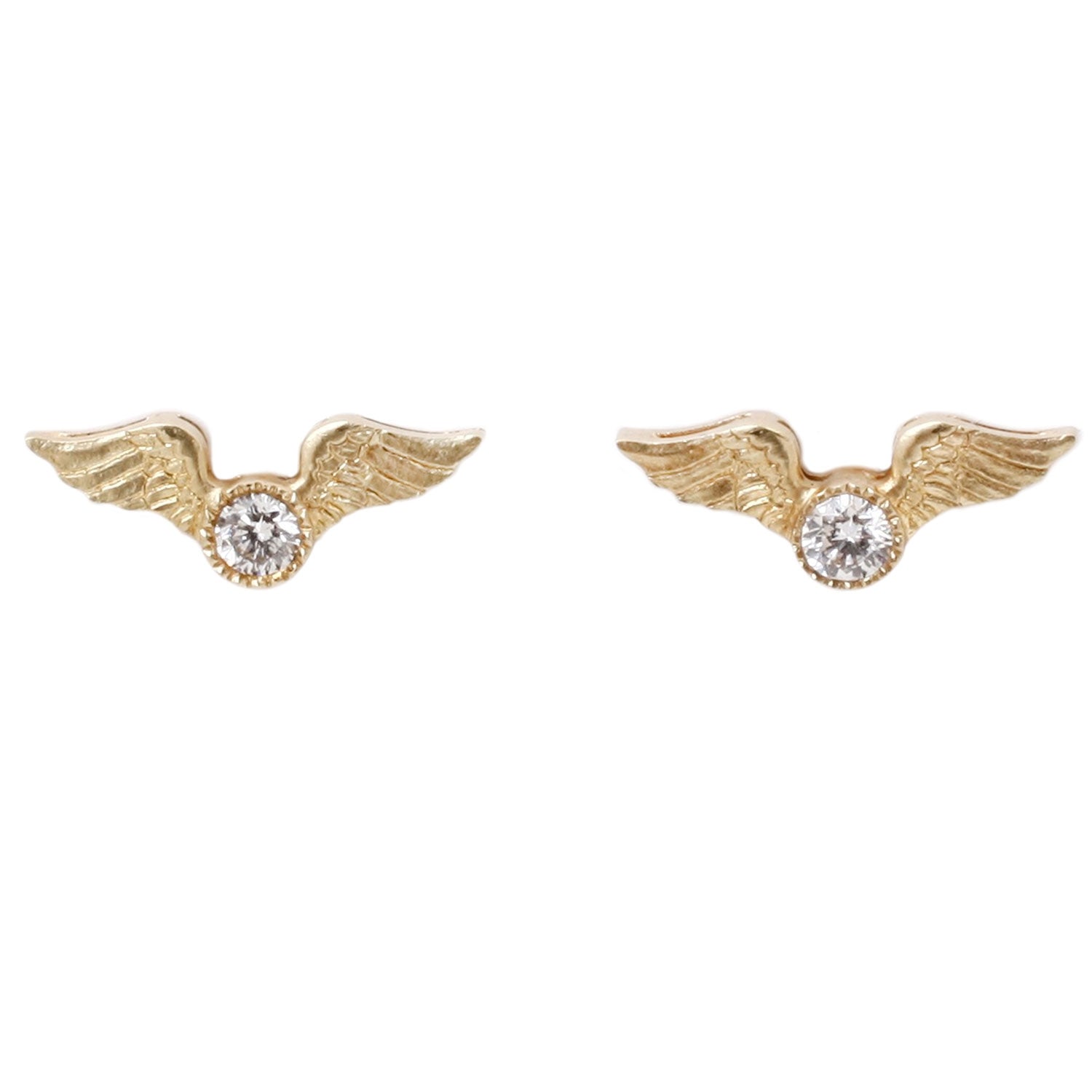 Anthony Lent Flying Diamond Studs. 18k yellow gold with white diamond solitaires.