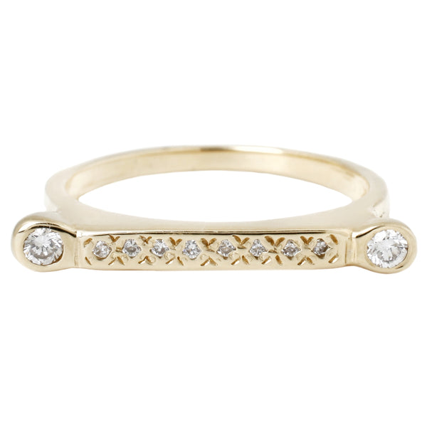 Scosha - Diamond Bar Ring - Yellow Gold With Pave White Diamonds and Two White Diamonds