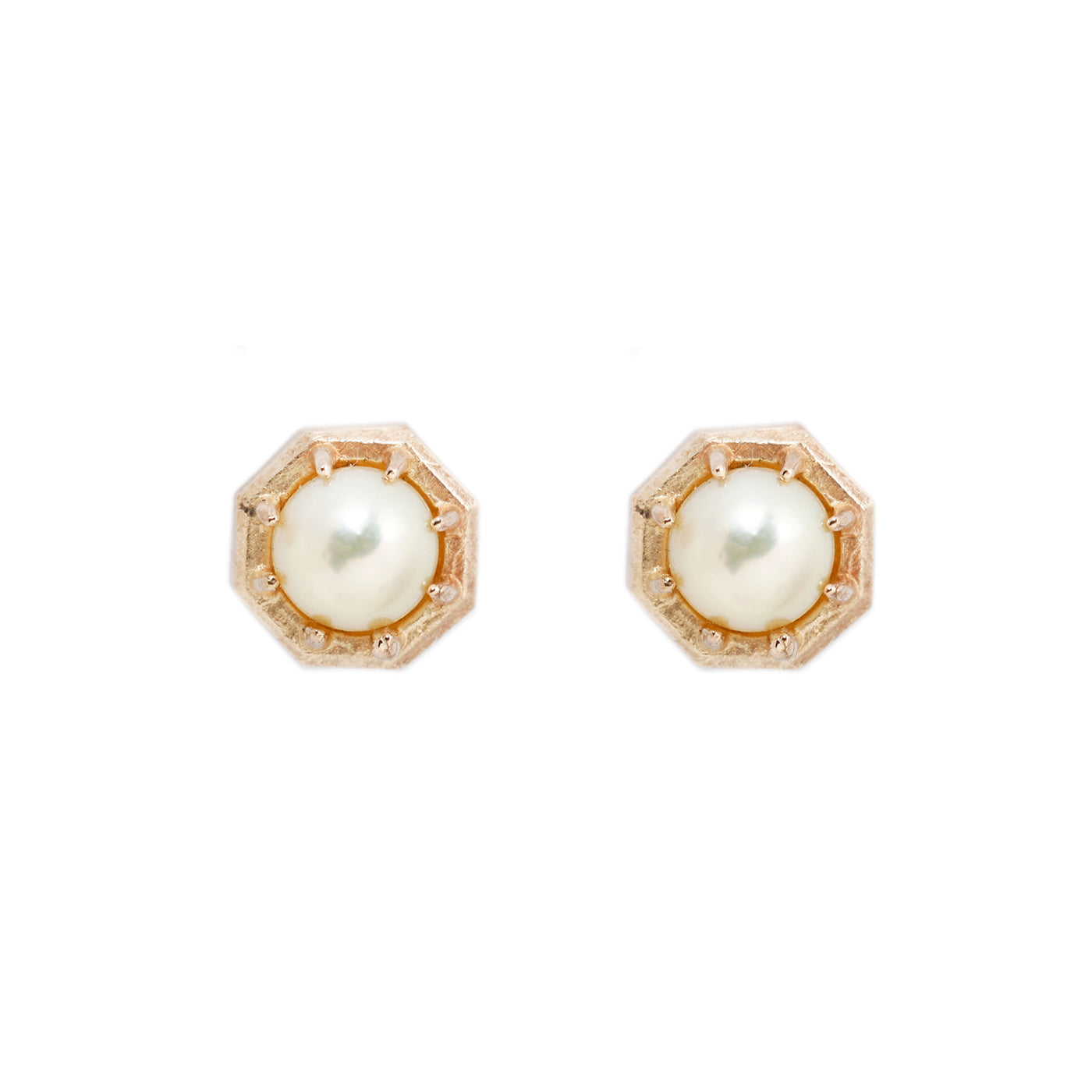 Yellow Gold Octagon Akoya Pearl Studs Earrings