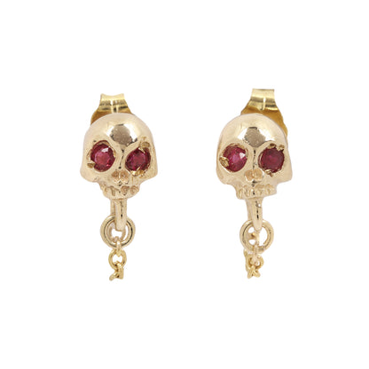 Gold Ruby Skull & Chain Earrings