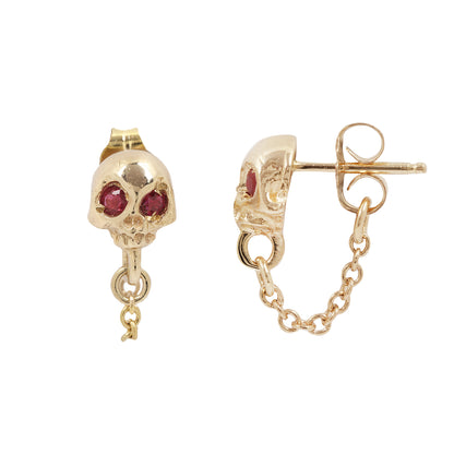 Gold Ruby Skull & Chain Earrings