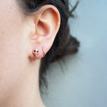 Gold Ruby Skull & Chain Earrings